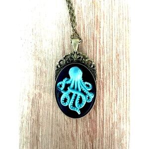 Black and Blue Octopus Cameo Steampunk Necklace, NWT, Handmade, Unworn